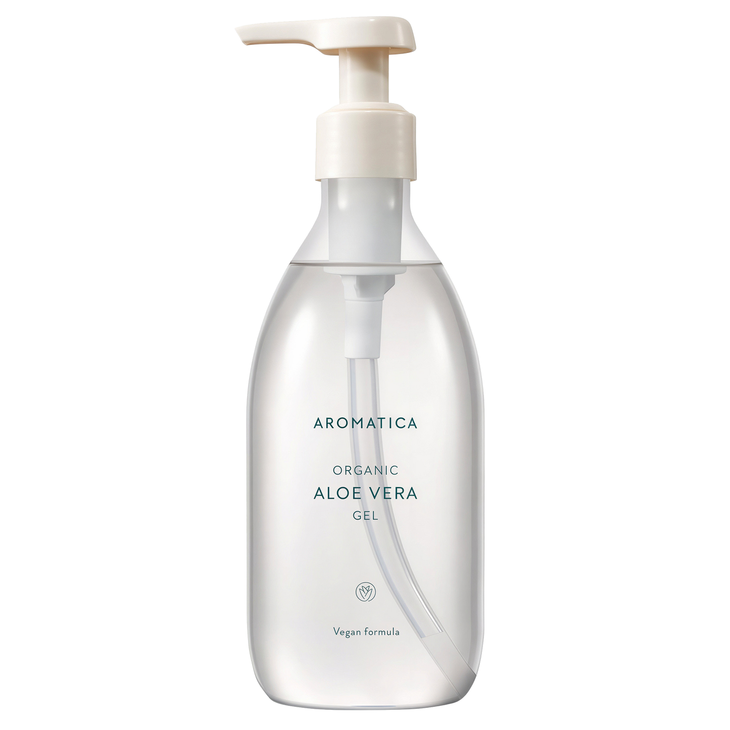 Aromatica organic aloe vera 300ml pump bottle front view with transparent background