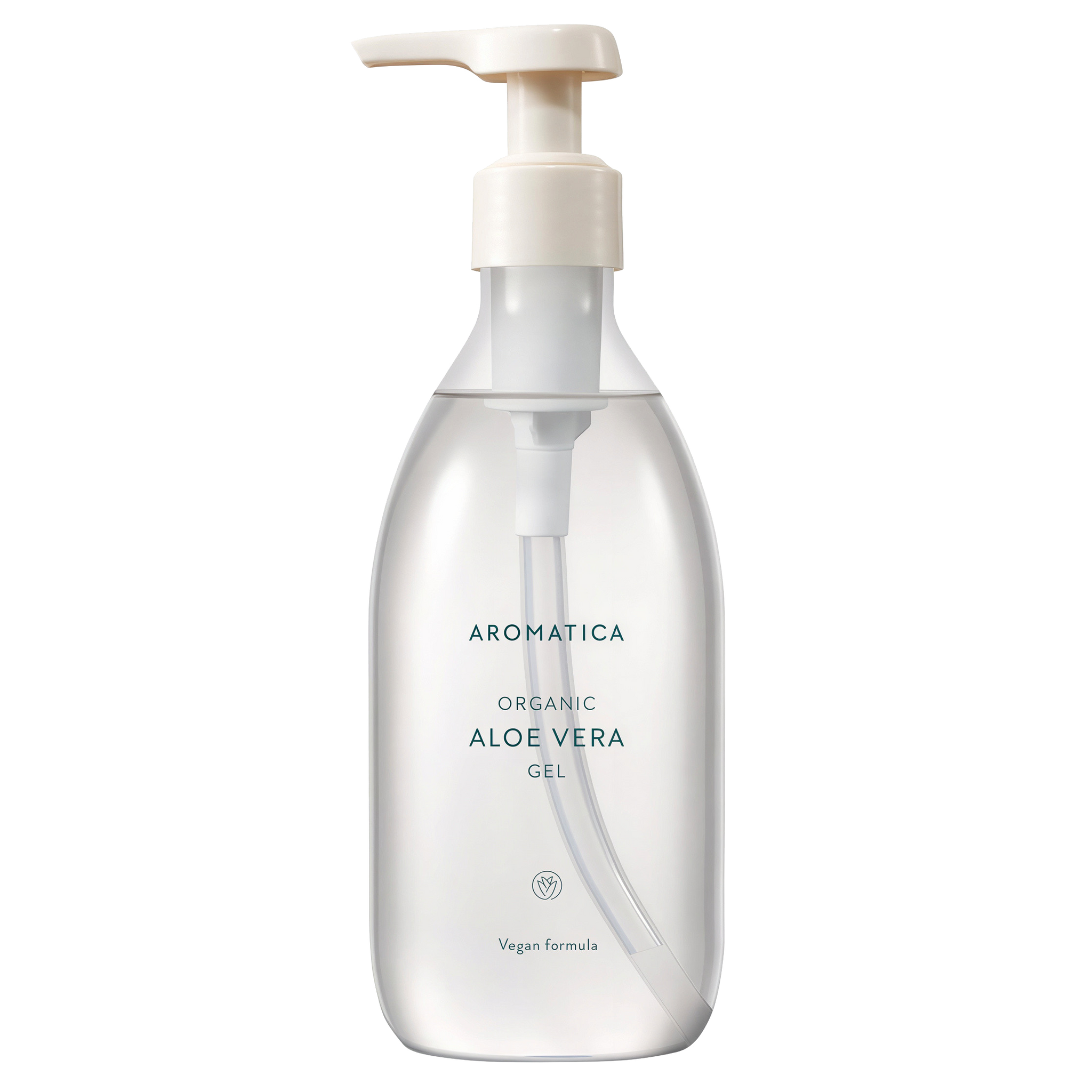 Aromatica organic aloe vera 300ml pump bottle front view with transparent background