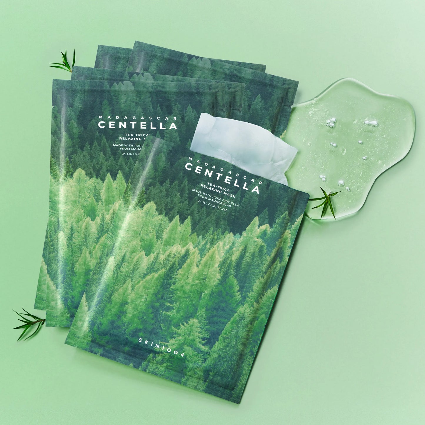 Applying SKIN1004 Tea-Trica Relaxing sheet mask to calm irritated and acne-prone skin