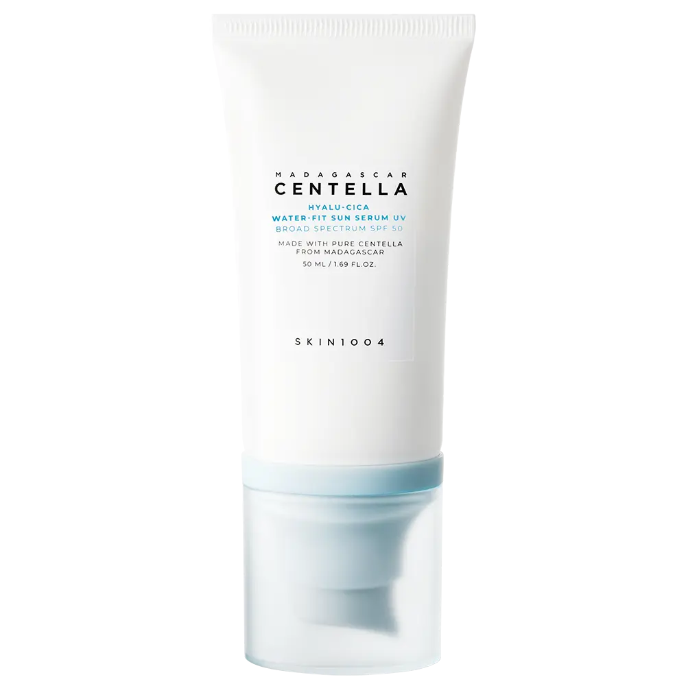 SKIN1004 Madagascar Centella Hyalu-Cica Water-Fit Sun Serum SPF50 tube displayed for daily sunscreen use