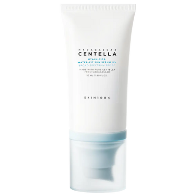 SKIN1004 Madagascar Centella Hyalu-Cica Water-Fit Sun Serum SPF50 tube displayed for daily sunscreen use