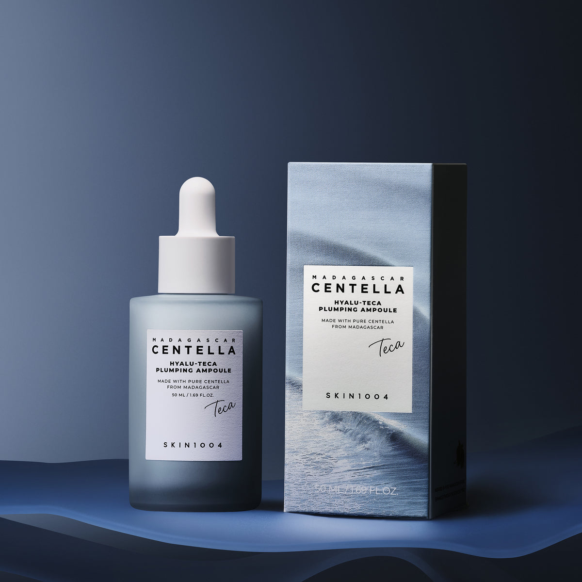 SKIN1004 Madagascar Centella Hyalu-Teca Plumping Ampoule 50ml lifestyle ampoule and packaging box