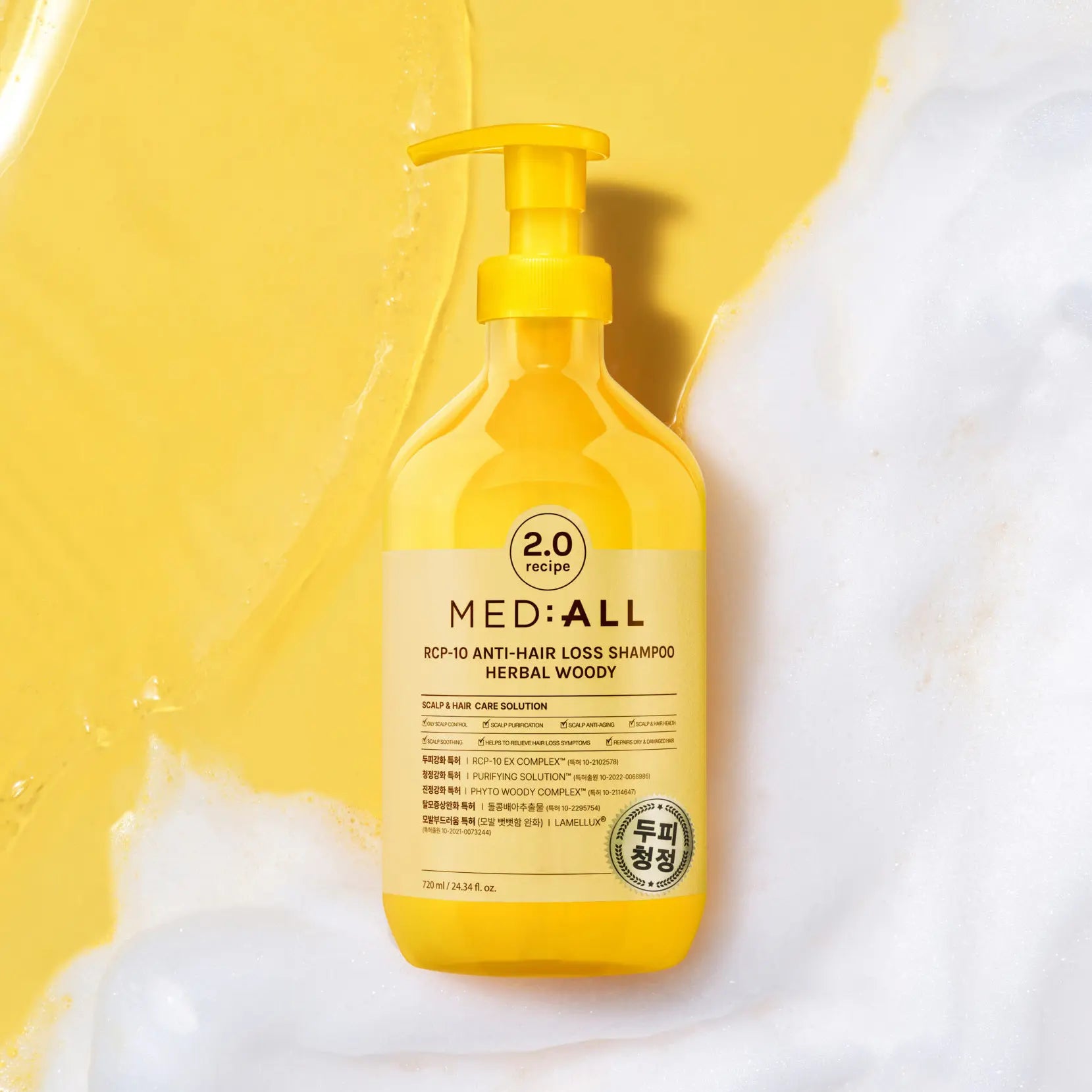 Rcp-10 Anti Hair Loss Shampoo Herbal Woody 300ml bottle placed on a transforming gel-to-foam texture surface