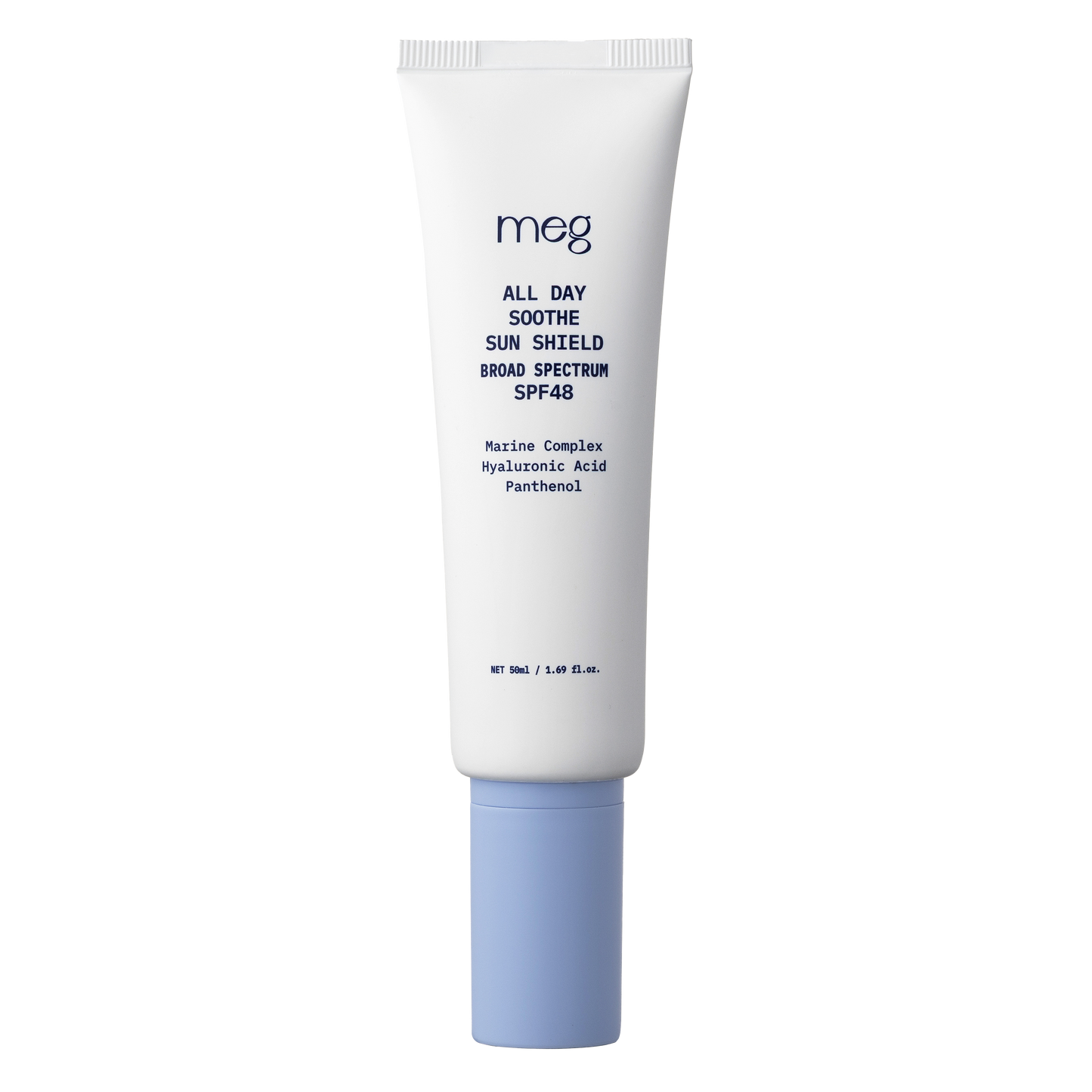 Meg all day soothe sun shield broad spectrum SPF48 tube packaging front view with transparent background