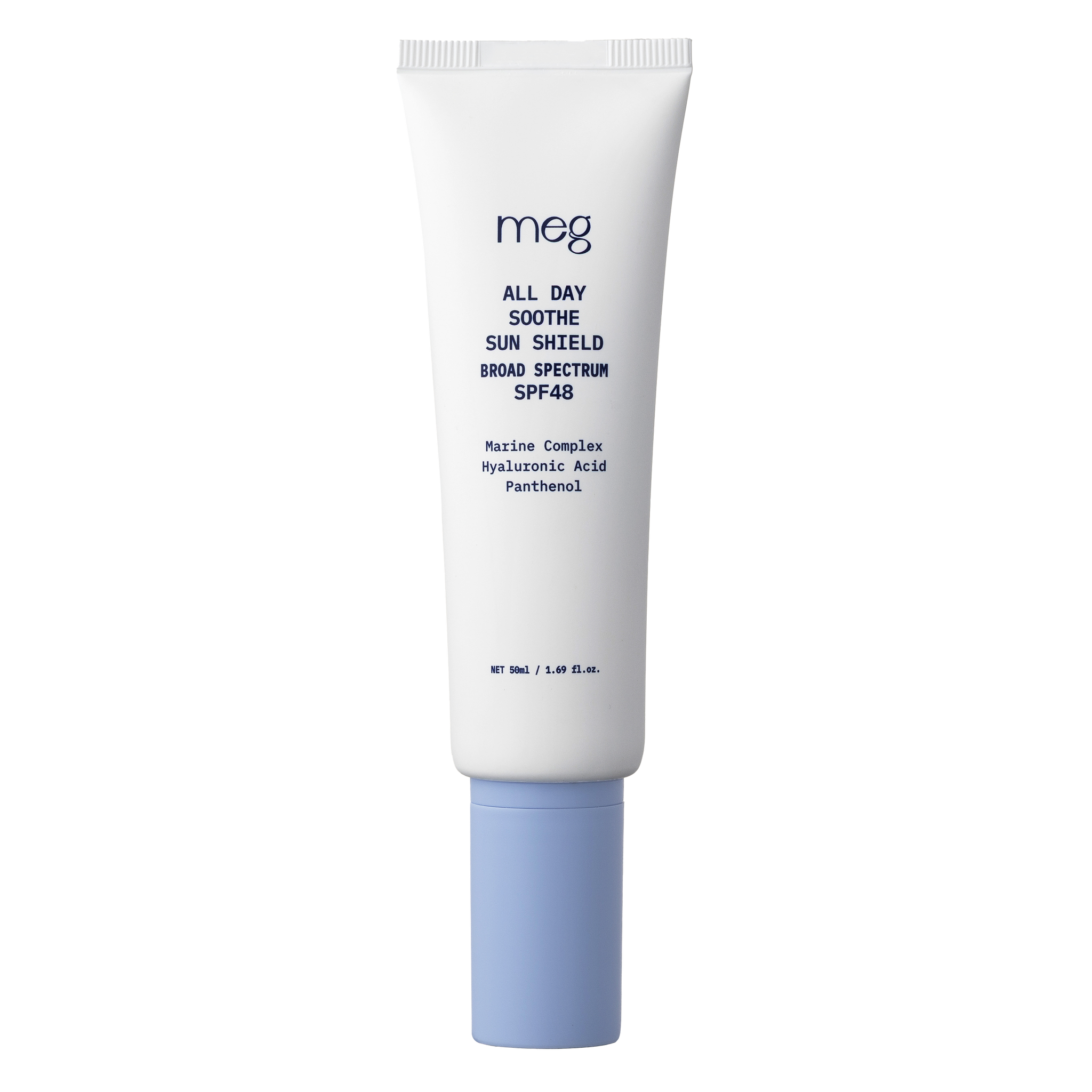 Meg all day soothe sun shield broad spectrum SPF48 tube packaging front view with transparent background