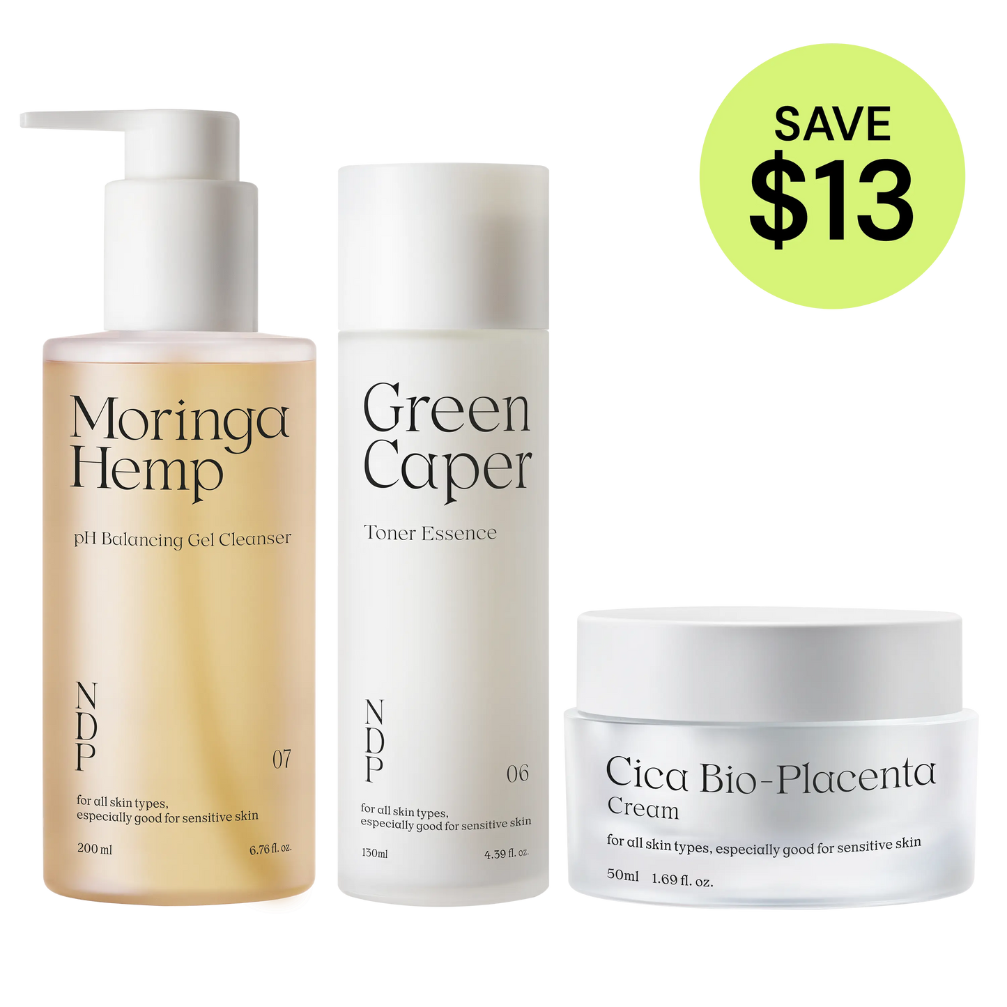 Three skincare products with labels on a white background, featuring a promotional savings label.