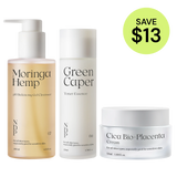 Three skincare products with labels on a white background, featuring a promotional savings label.