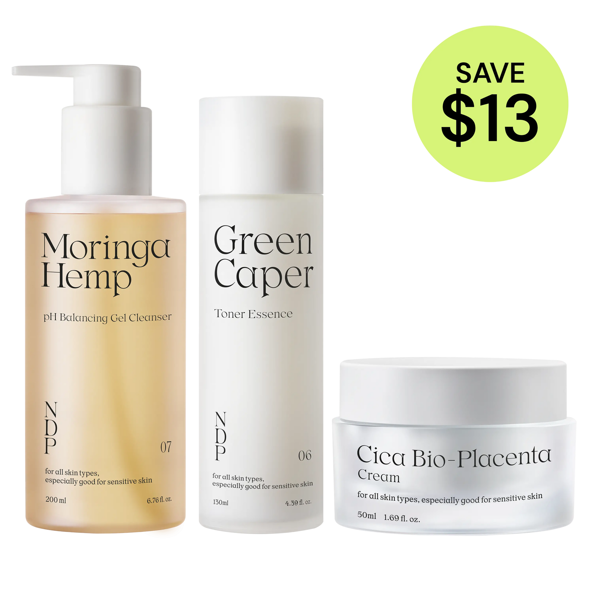 Three skincare products with labels on a white background, featuring a promotional savings label.