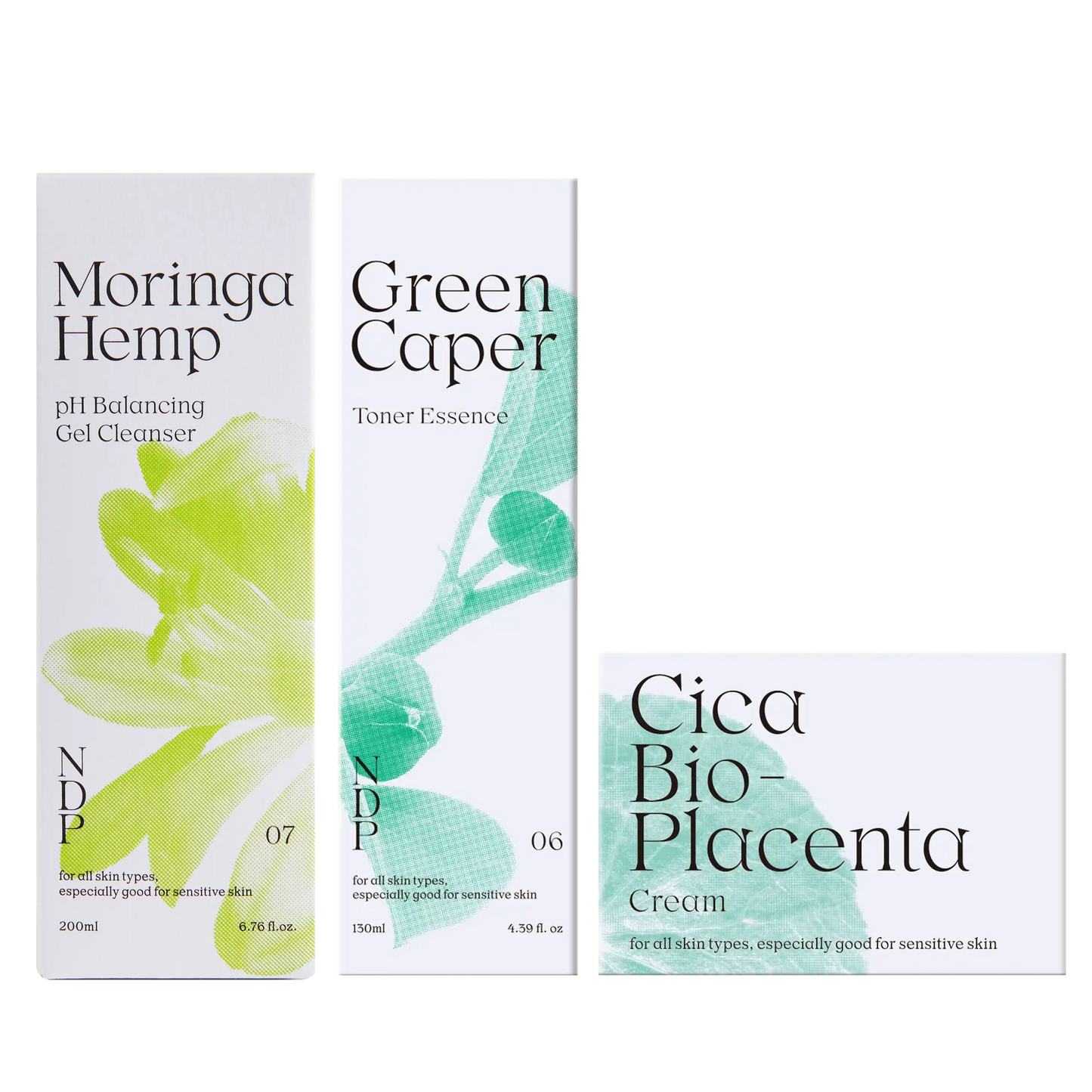 Three skincare product boxes labeled 'Moringa Hemp', 'Green Caper', and 'Cica Bio-Placenta' on a transparent background.