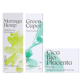 Three skincare product boxes labeled 'Moringa Hemp', 'Green Caper', and 'Cica Bio-Placenta' on a transparent background.