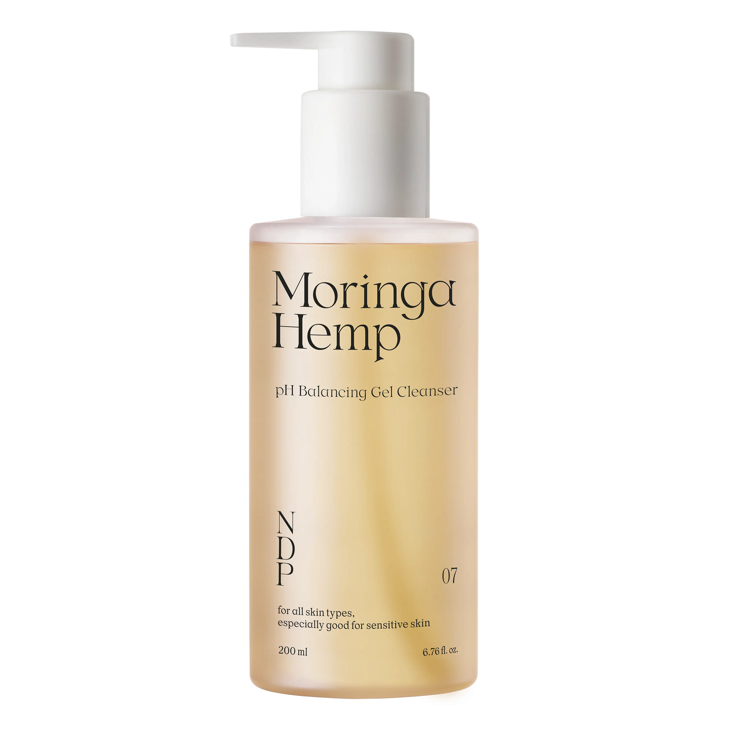 NDP Moringa Hemp pH Balancing Gel Cleanser 200ml jar front view on a transparent background