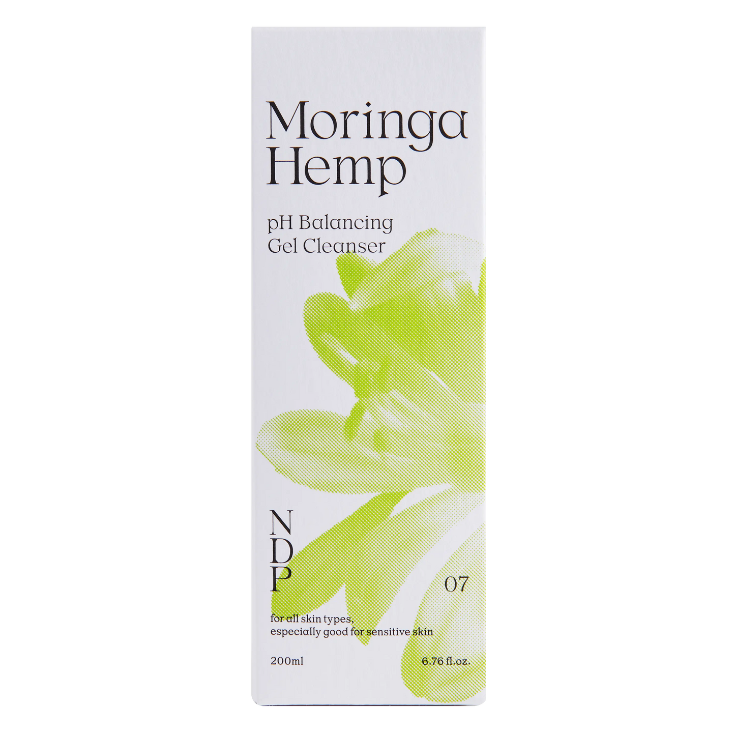 NDP Moringa Hemp pH Balancing Gel Cleanser 200ml packaging front view on a transparent background
