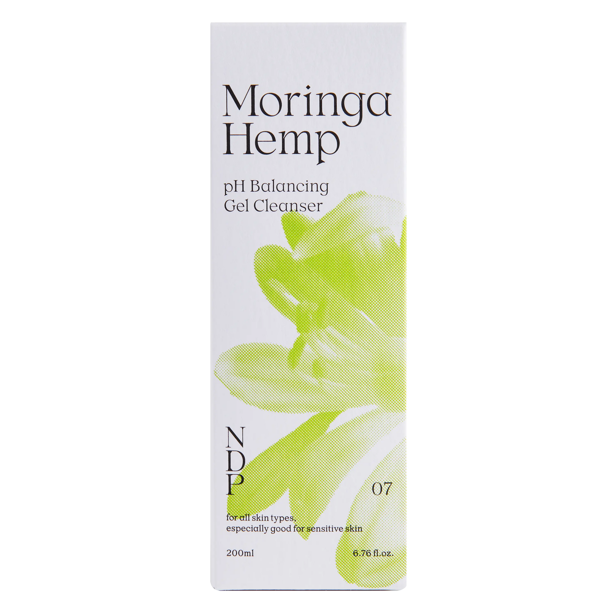 NDP Moringa Hemp pH Balancing Gel Cleanser 200ml packaging front view on a transparent background