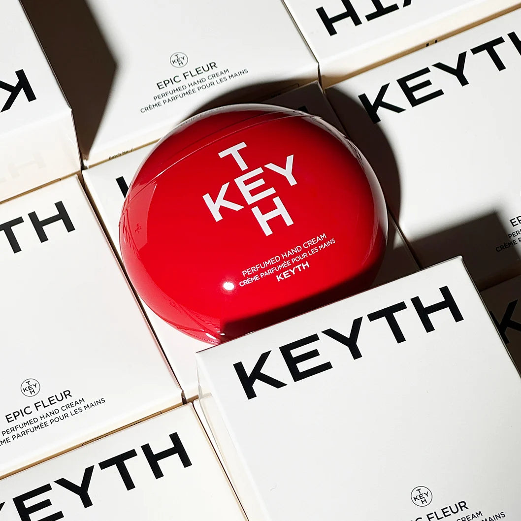 KEYTH Perfumed Hand Cream Epic Fleur scent placed on top of its packaging box