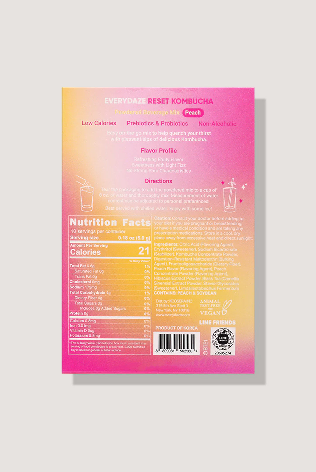 Everydaze Reset Kombucha BT21 Edition Peach 10 packets box back with nutrition facts