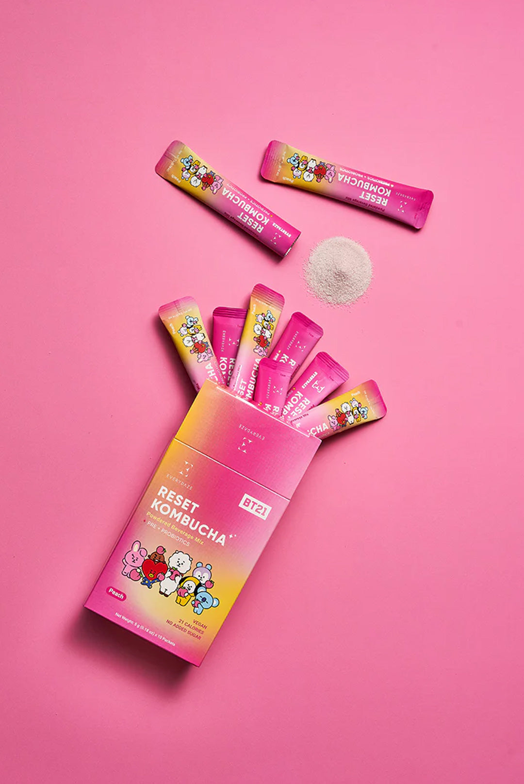 Everydaze Reset Kombucha BT21 Edition Peach flavor packets taken out of box