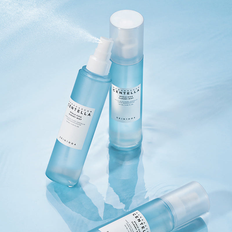 SKIN1004 Madagascar Centella Hyalu-Cica Cloudy Mist three bottles with mist spray