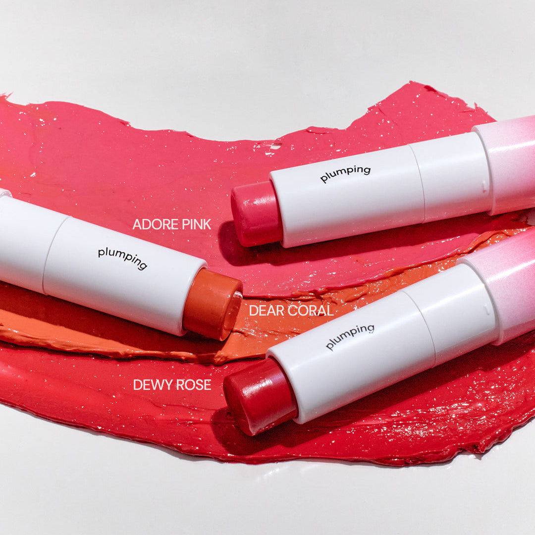 Skybottle Volumizing Color Lip Balm 3.5g three color swatches Adore Pink Dewy Rose Dear Coral